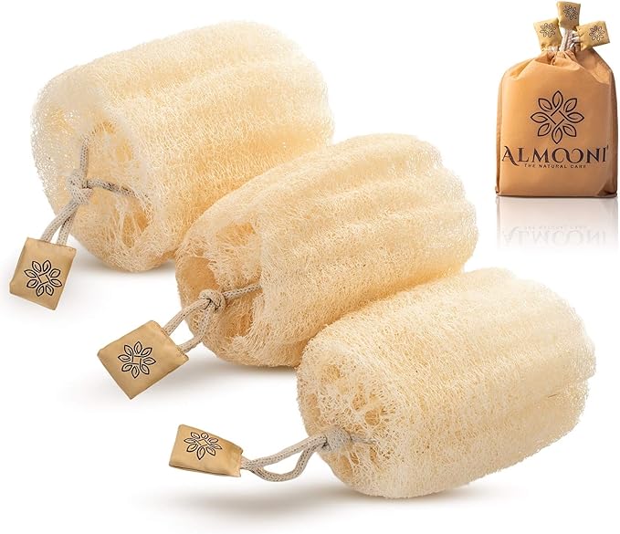Almooni Egyptian Loofah Exfoliating Body Scrubber, Natural Real Egyptian Shower Loofah Sponge Body Scrubber for Women and Men, for Body and Face That Will Get You Clean - 3 Count (1 Pack)