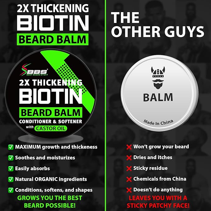 Biotin Beard Balm for Men - 2X Thickening for Beard and Mustache - Organic Mustache Wax with Castor Oil & Meadowfoam – Hydrating Facial Hair Growth Balm & Leave-In Conditioner