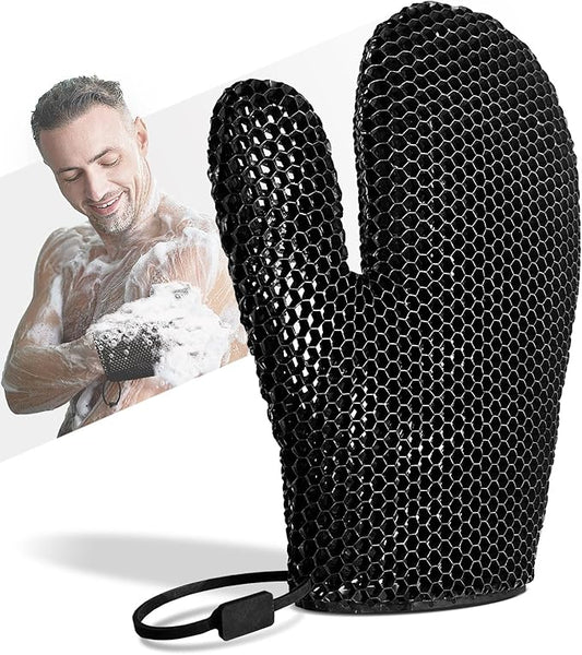 Bath Mitt - Exfoliating Glove, Honeycomb Body Scrubber,Massage Body Scrub Gloves for Home Spa,Mitt Sponges for Cleaning Body,Deep and Gentle,Fast foaming (Black(Standard,Large Size))