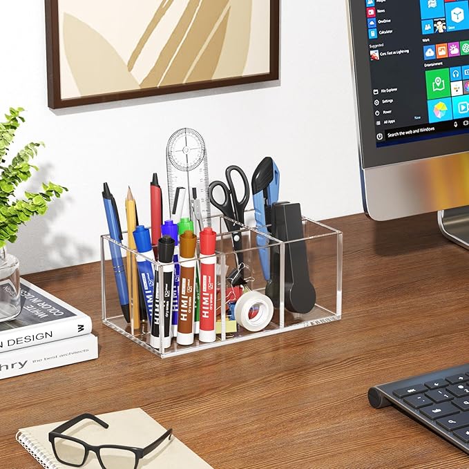 HIIMIEI Clear Makeup Brush Holder Organizer Acrylic 6-Slots Cosmetic Brushes Storage Organizer for Vanity Countertop