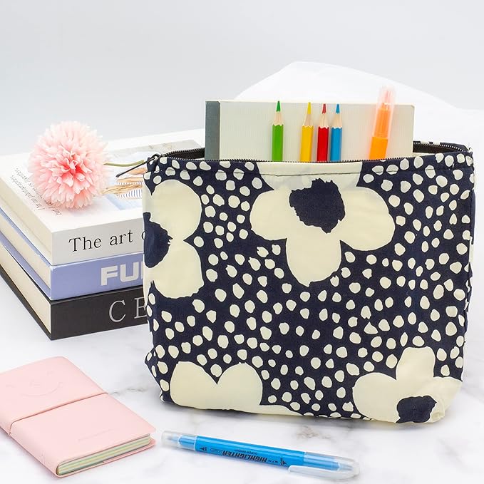 PAZIMIIK Floral Makeup Bag Large Cotton Zipper Pouch for Purse Travel Canvas Make Up Organizer for Women Cosmetic,Floral Navy Blue