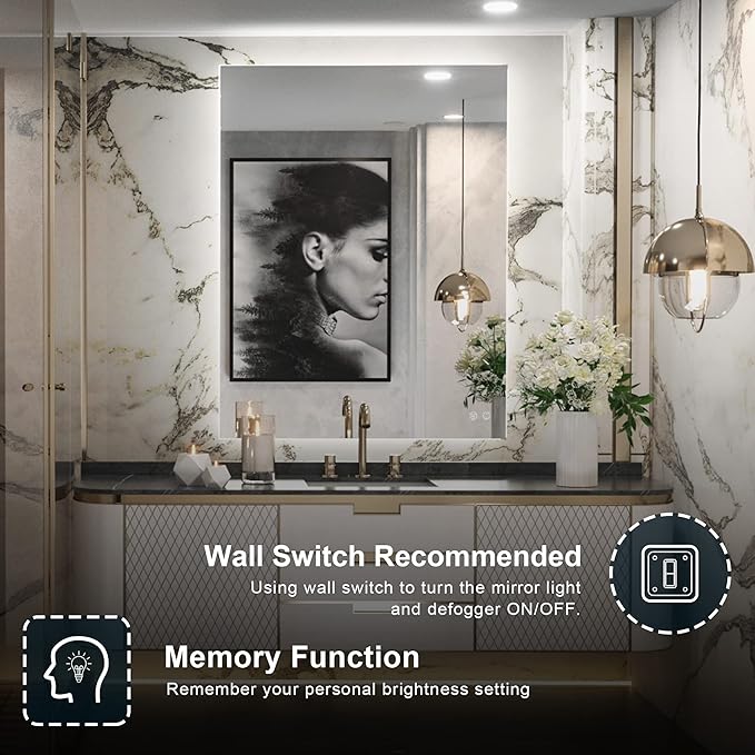 TETOTE 36 x 28 Inch LED Backlit Mirror Bathroom with Light,Anti-Fog,Dimmable,Lighted Mirror(Horizontal/Vertical) Wall Mounted Vanity Mirror