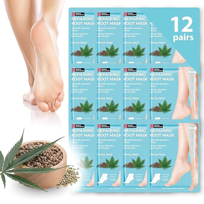 Original Derma Beauty Foot Mask 12 Pairs Repairing Hemp Seed Moisturizing Foot Mask Set Body Exfoliator Callus Remover Foot Masks Foot Bath Pedicure Supplies for Beauty & Personal Care