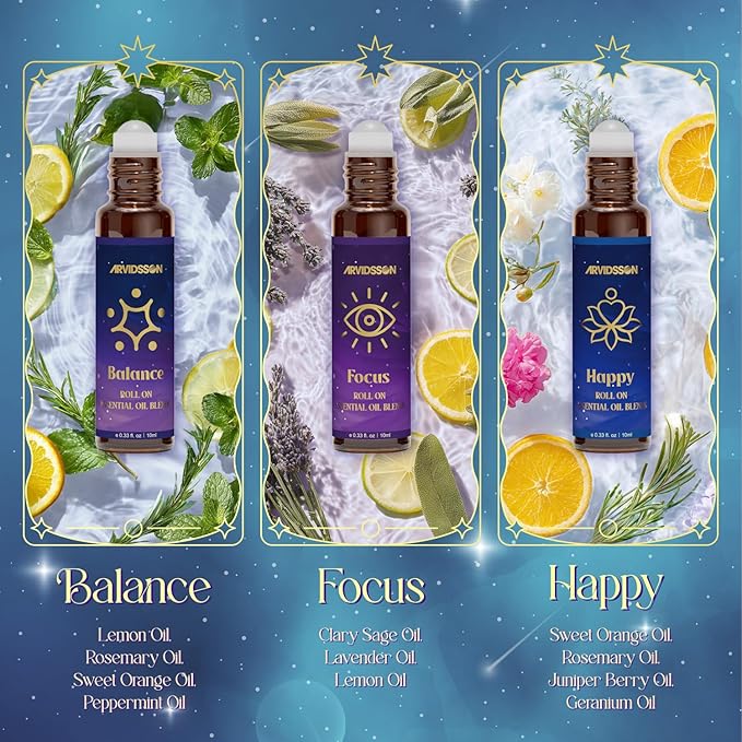 Essential Oils Roll On Set, Natural Aromatherapy Oil Roller for Body, Skin, Massage, Essential Oil Blends - Sweet Dream, Unwind, Breahte, Balance, Focus, Happy, Gifts for Women