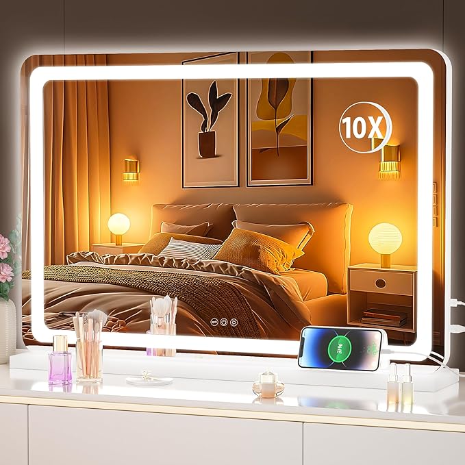 Hasipu Vanity Mirror with Lights, 31.5" x 20" LED Makeup Mirror, Lighted Makeup Mirror with Dimmable 3 Modes, Touch Screen Control Vanity Mirror Round White