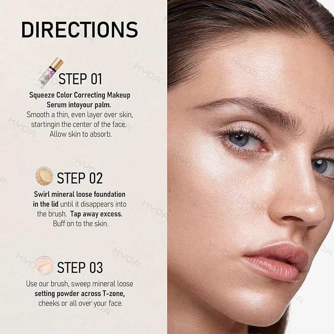 KYDA Mineral Makeup Kit, Includes SPF 50 Color Correcting Primer, SPF 35 Loose Powder Foundation + Translucent Loose Setting Powder, Foundation Brush, Makeup Starter Set, Travel Size - Medium Beige