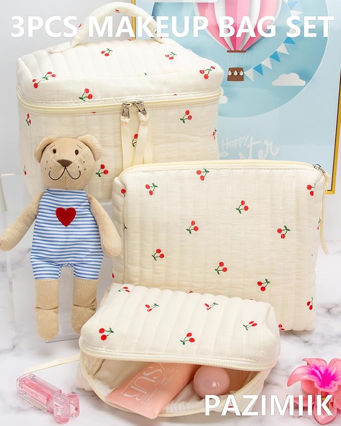 PAZIMIIK 3PCS Makeup Bag SET Large Travel Quilted Zipper Soft Cosmetic Case Pouch for Women Girls Make Up,Cherry Beige