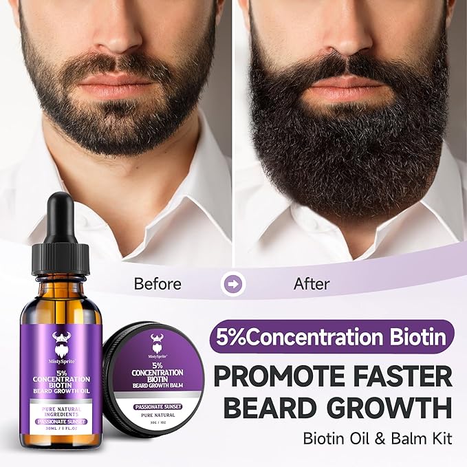 Beard Growth Kit - 5% Concentration Biotin Beard Oil for Men (2 oz) - Natural Mens Beard Oil with Argan Oil, Jojoba Oil and Vitamin, Beard Growth Softener, Moisturizer (Passionate Sunset)