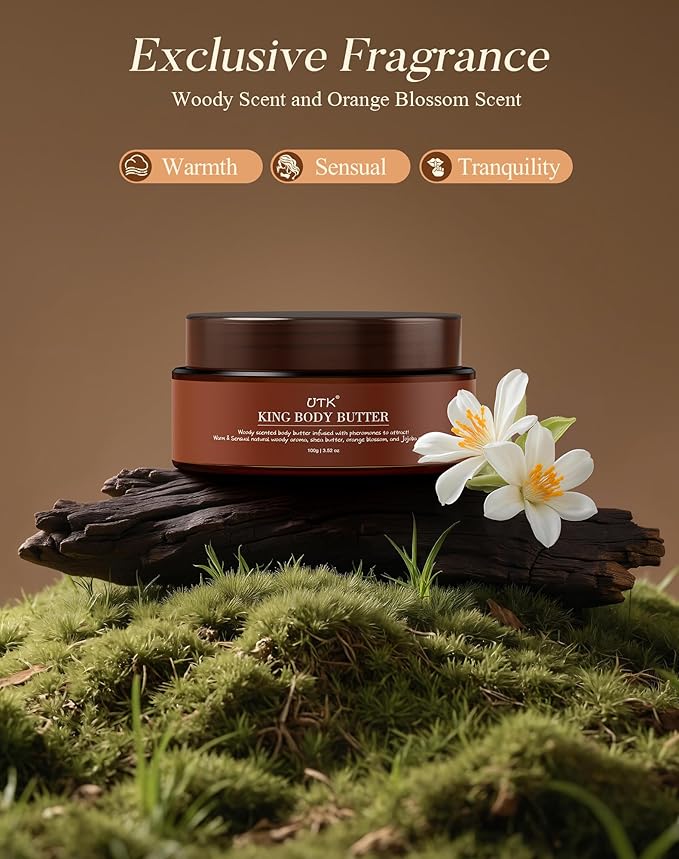King Body Butter for Men, Mixed Woody Fragrance & Orange Blossom, Warm and Sensual Scent, Organic Shea & Jojoba Seed Oil, Moisturizing Formula with All-Day Fragrance,3.52oz, Enhance Attractiveness