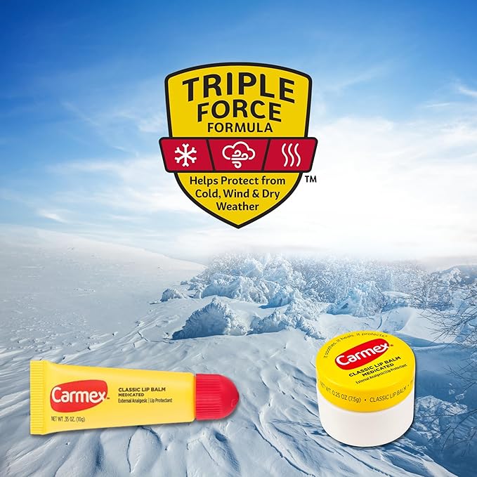 Set of 6 Medicated Lip Balms by Carmex: 3 Jars and 3 Tubes. Carmex Lip Balm Moisturizer, Trusted Relief for Dry, Chapped Lips. Bundled with Silicone Lip Brush and Lip Balm Holder Keychain (White)