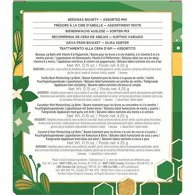 Burt's Bees Holiday Gift, 4 Lip Balms Stocking Stuffer, Assorted Mix Set, Classic Beeswax, Vanilla, Cucumber Mint & Coconut And Pear