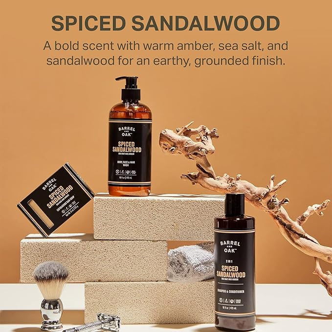 Barrel and Oak - All-In-One Body Wash, Men's Face, Hair, & Body Wash, Natural Exfoliator & Moisturizer, Hydrates Hair & Beard, Fragrant Amber Scent, Certified Organic (Spiced Sandalwood, 16oz)