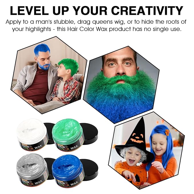 4oz Temporary Hair Color Wax for Men Women Kids Daily Party Cosplay Halloween DIY Washable Hair Wax Color Natural Instant Hair Paint Wax (White&Gray&Green&Blue, 5pcs)