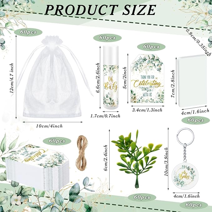 60 Sets 360 Pcs Lip Balm Soap Keychain Favors Eucalyptus Greenery Baby Shower Favors with Organza Bag Gift Card Faux Eucalyptus Greenery for Baby Shower Gift Gender Reveal Guest Prize