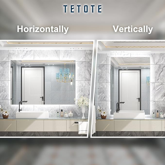 TETOTE 48 x 36 Inch LED Backlit Bathroom Mirror with Lights, LED Vanity Mirror, Frameless, Anti-Fog, Dimmable, CRI90+, Touch Button,Water Proof, Horizontal/Vertical Wall Mounted