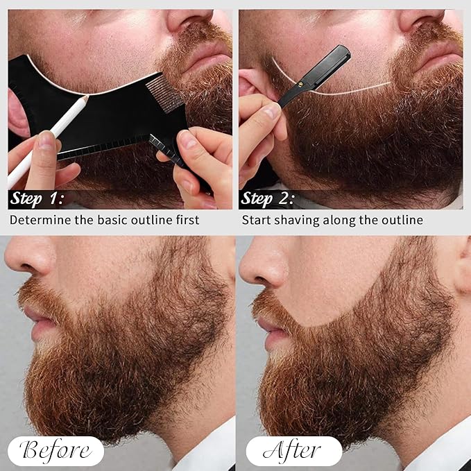 Beard Shaper for Men Beard Shaping Tools - Beard Straightener, Beard Template Guide, Professional Straight Edge Razor, 10 PCS Double Edge Blade, Barber Pencil, Beard Comb, 2 Stainless Steel Scissors