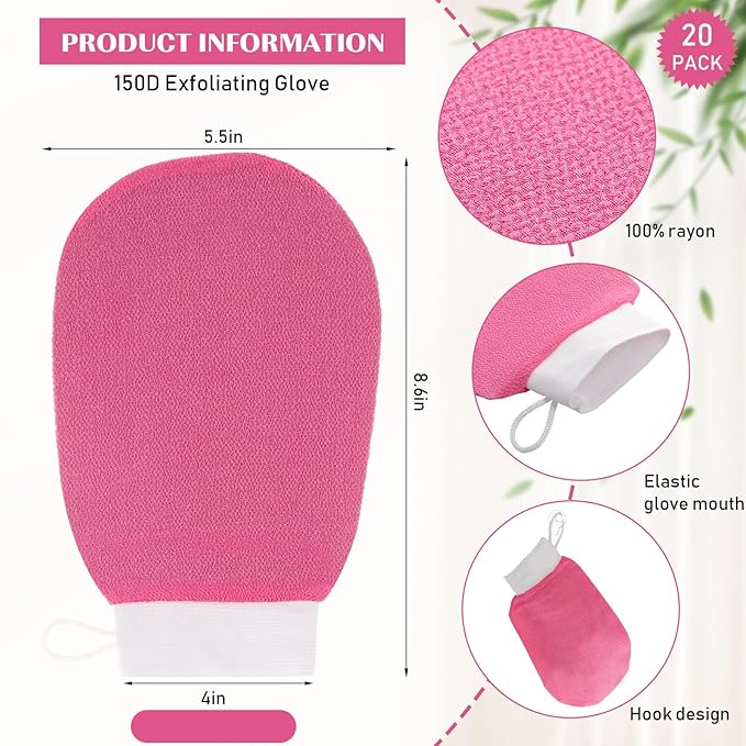 20 Pcs Exfoliating Glove Bulk Summer Exfoliator Mitt Body Scrubber 150d Viscose Fiber Deep Skin Korean Scrub Mitt for Spa Massage Dead Skin Remover for Men and Women(Rose Red)