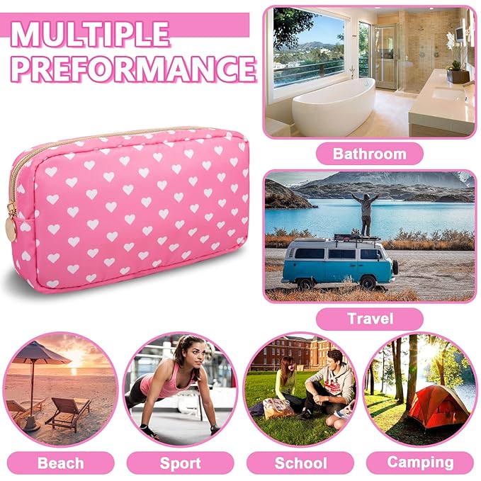 Small Makeup Pouch for Purse，Nylon Travel Toiletry Storage Cute Preppy Cosmetic Bag for Women Girls，Waterproof Makeup Organizer Pouch Skincare Purse with Zipper (Small-Pink Heart)