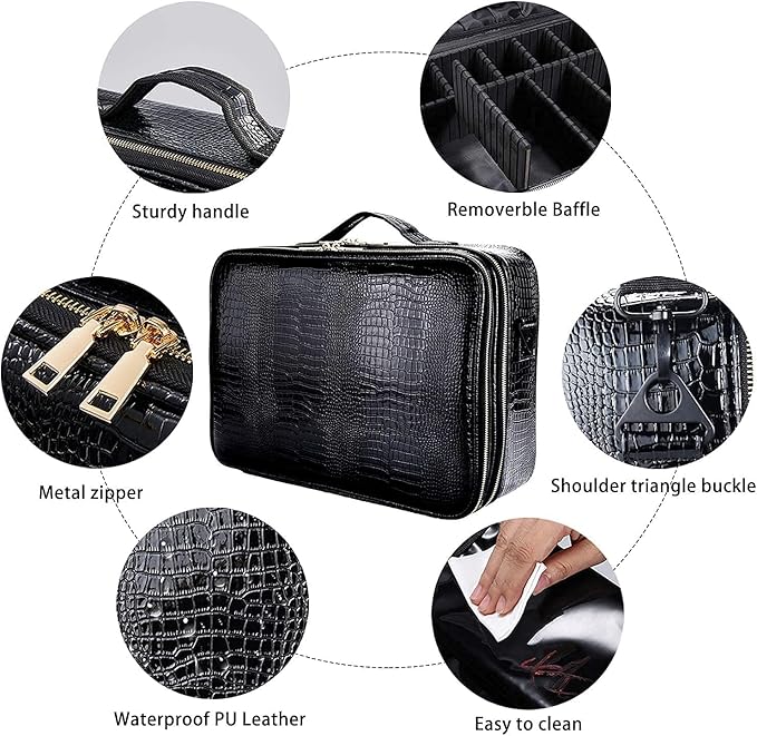 JOURMON Travel Makeup Case Portable Makeup Train Case Organizer Cosmetic Bag with Adjustable Dividers and Shoulder Strap for Makeup Brushes Toiletry Travel Accessories(Crocodile Pattern Black, L)