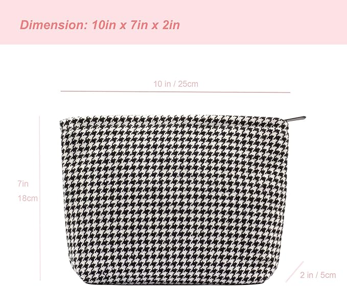 Makeup Bags for Purse Zipper Cosmetic Pouch Large Travel Canvas Make Up Organizer Tool Pouch for Women and Girls,Houndstooth Black