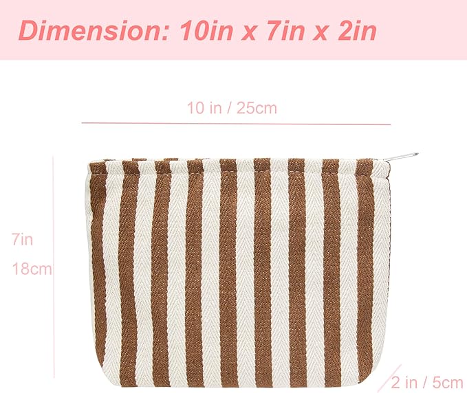 PAZIMIIK Makeup Bag Large Cotton Zipper Pouch for Purse Travel Canvas Make Up Organizer for Women Cosmetic,Stripe Coffee