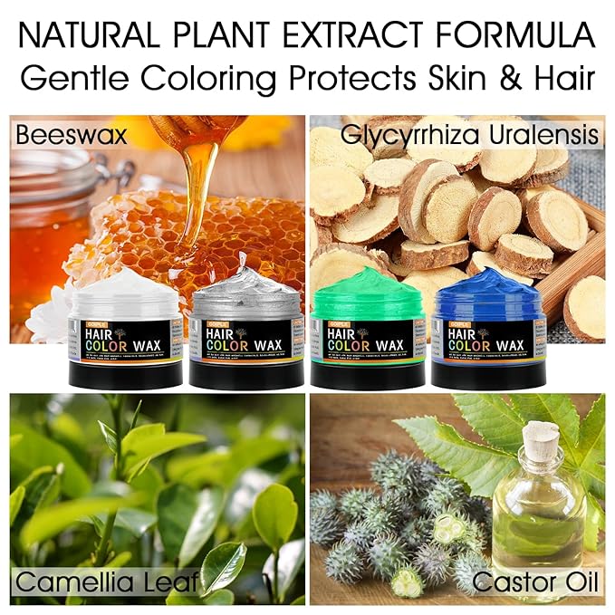 4oz Temporary Hair Color Wax for Men Women Kids Daily Party Cosplay Halloween DIY Washable Hair Wax Color Natural Instant Hair Paint Wax (White&Gray&Green&Blue, 5pcs)