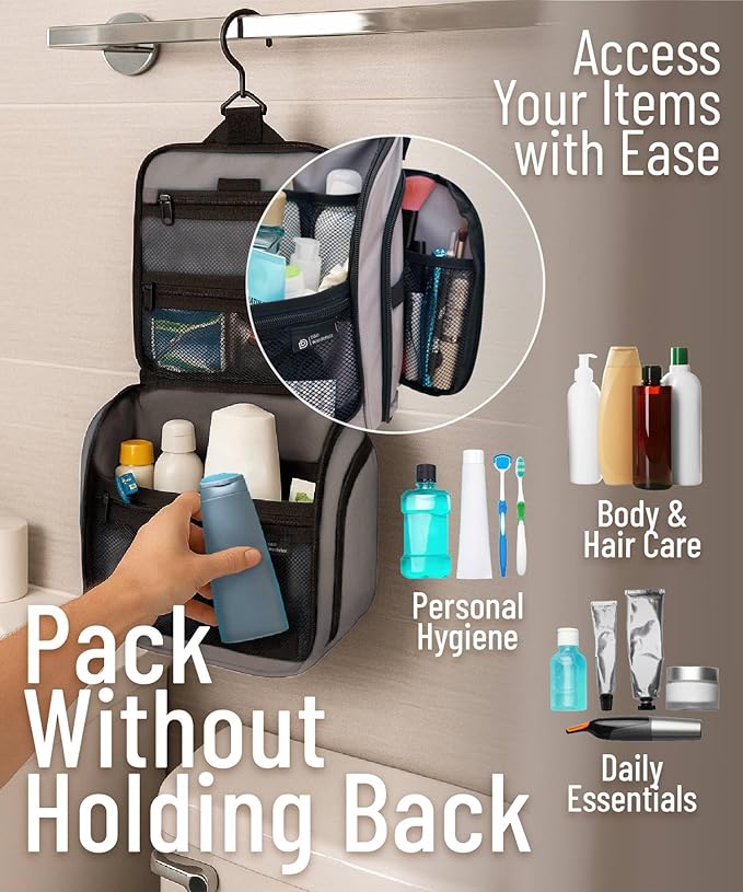 D&D Hanging Travel Toiletry Bag for Men and Women – Large Cosmetics, Makeup and Toiletries Organizer Kit with 10 Compartments, YKK Zippers, XXL Metal Swivel Hook, Water-Resistant Nylon