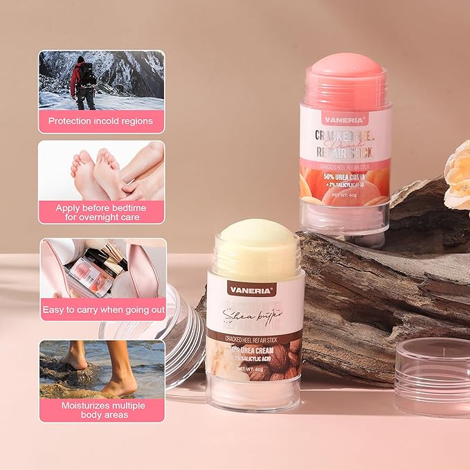VANERIA Cracked Heel Repair Stick,Heel Balm for Dry Cracked Feet Treatment with Shea Butter & Coconut Oil,Deeply Moisturize & Soften Feet,Exfoliates Dead Skin 40g(Shea Scent)