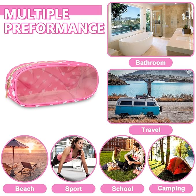 Clear Small Pencil Pouch Makeup Bag for Purse,Nylon&PVC Pencil Case Waterproof Makeup Brush Holder with Zipper,Preppy Transparent Pen Bag Travel Cosmetic Bag for Women Office(Slim-Pink Heart)
