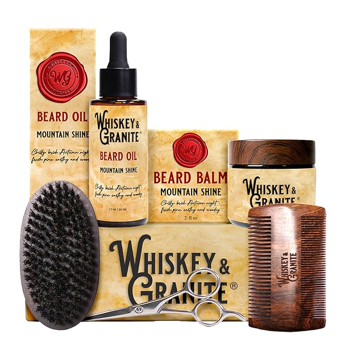 Whiskey & Granite Beard Kit for Men – 100% Natural Ingredients (Mountain Shine). Includes beard oil and balm, comb, brush, and scissors.