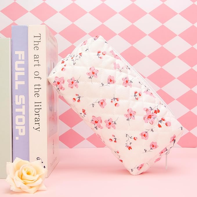 PAZIMIIK Vintage Quilted Makeup Bag Cosmetic Pouch for Brushes Pencils and Travel Make Up Accessories for Women and Girls Myrtle Pink