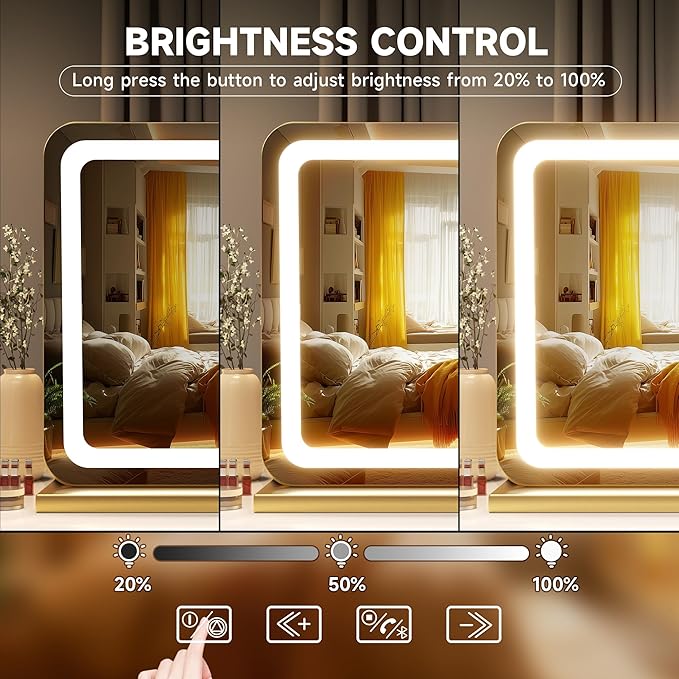 Hasipu Vanity Mirror with Lights and Bluetooth Speaker, 32" x 21.7" LED Makeup Mirror, Lighted Makeup Mirror with Dimmable 3 Modes, USB Charging Port, Round Gold