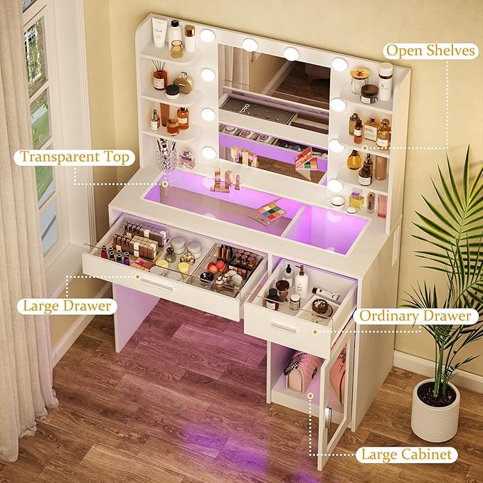 Vanity Desk with Mirror and Lights, Makeup Vanity Desk with Lights 3 Colors, Transparent Top Vanity with 2 RGB Drawers, 6 Shelves, Large Tempered Cabinet, Power Outlet, for Bedroom, White