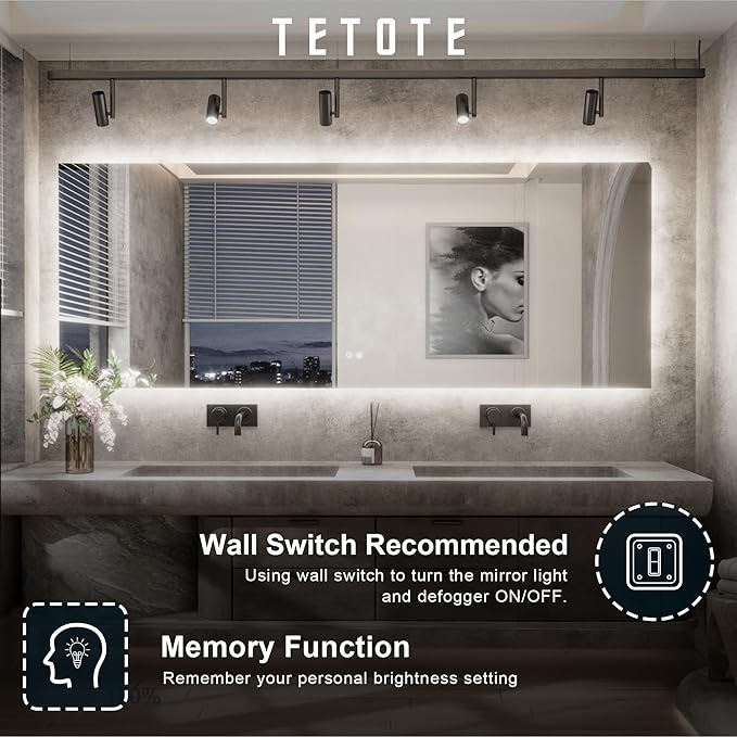 TETOTE 84 x 40 Inch LED Backlit Bathroom Mirror with Lights,Anti-Fog Lighted Mirror,Dimmable,Vanity Mirror,Wall Mounted