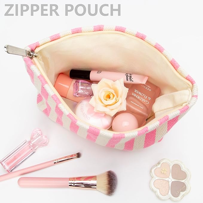 Makeup Bag Large Cotton Zipper Pouch for Purse Travel Canvas Make Up Organizer for Women Cosmetic,Stripe Pink