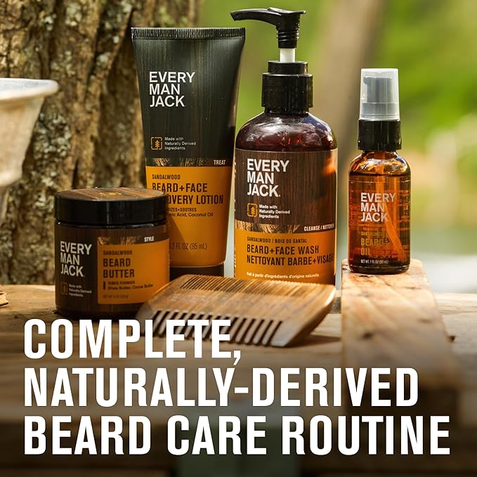 Every Man Jack Men's Sandalwood Beard Set - Perfect for Every Guy - Five Grooming Essentials For a Complete Routine - Beard + Face Wash, Beard + Face Lotion, Beard Oil, Beard Butter, and Beard Comb