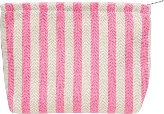 Makeup Bag Large Cotton Zipper Pouch for Purse Travel Canvas Make Up Organizer for Women Cosmetic,Stripe Pink