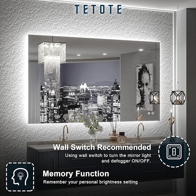 TETOTE 40 x 24 Inch LED Backlit Bathroom Vanity Mirror with Light,Anti-Fog,Dimmable,CRI90+,Touch Button,Water Proof,Horizontal/Vertical,Wall Mounted Lighted Mirror