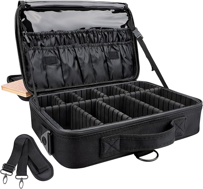 JOURMON Travel Makeup Case 3 Layers Makeup Train Case Portable Makeup Bag Organizer Portable Artist Storage Bag with Adjustable Dividers and Shoulder Strap（Black, M）
