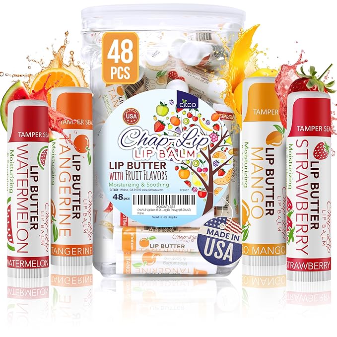 CHAP-LIP Original Lip Balm Hydrating Bulk Chap Stick with Fruit Flavors, Coconut Oil, and Cocoa Butter - Lip Therapy Pack for Men and Women - Gift Set Made in the USA, 48 Pack
