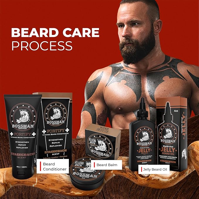Bossman Essentials Beard Kit for Men, Set of 3 - Beard Oil Jelly, Fortifying Conditioner Cream, Beard Balm - Grooming Growth Care Accessories (Stagecoach)