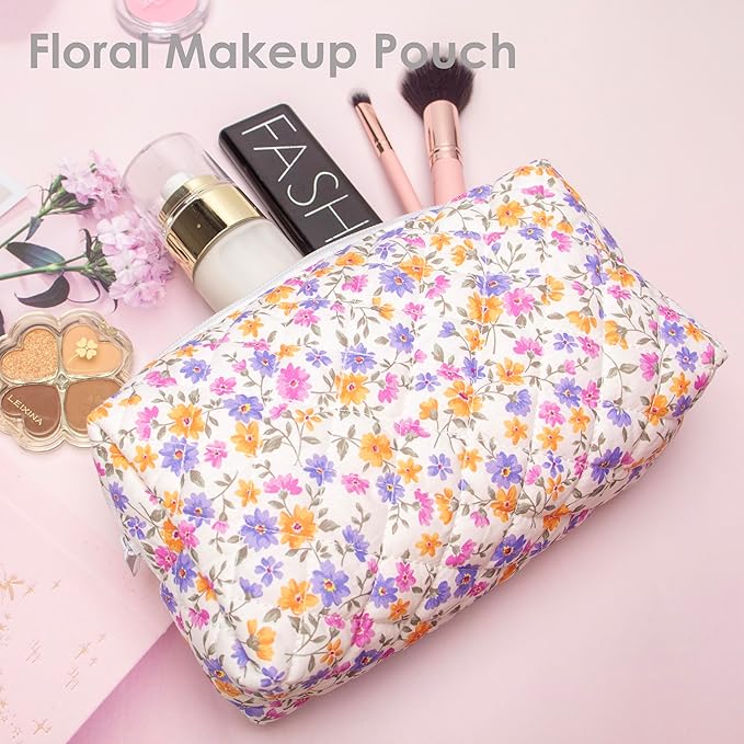 PAZIMIIK Vintage Quilted Makeup Bag Cosmetic Pouch for Brushes Pencils and Travel Make Up Accessories for Women and Girls,Little flower