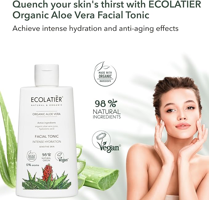 Organic Aloe Vera Facial Toner - 98% Natural Ingredients - Intense Hydration, Hyaluronic Acid, 98% Natural, Vegan - Deep Moisture, Refreshes, and Revitalizes The Skin - 8.5 Fl Oz / 250ml