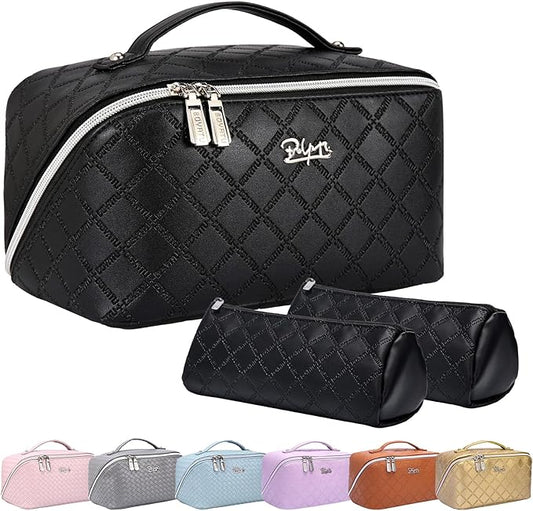 BOYATU Travel Makeup Bags Cosmetic Organizer Bag: 3-Set Large Capacity Make up Bag - PU Leather Toiletry Bags for Women - Wide Open Portable Pouch with Divider & Handle (07-Black 6)