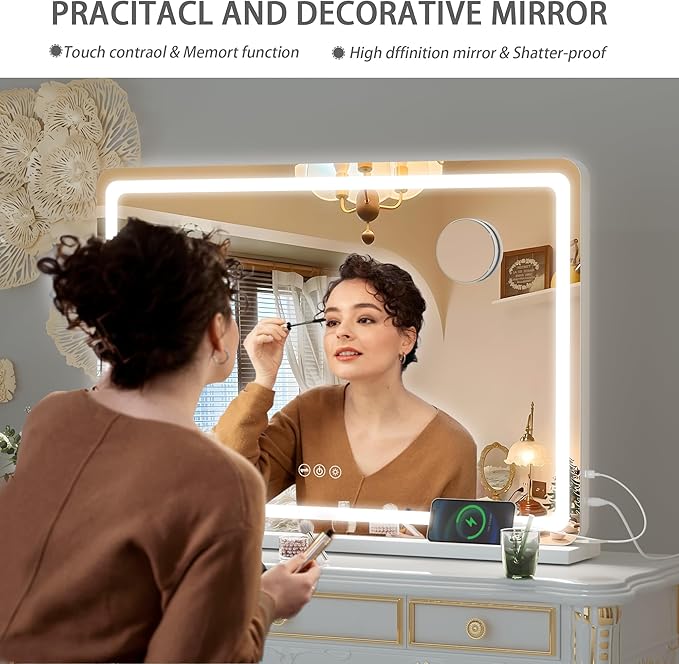 Hasipu Vanity Mirror with Lights, 31.5" x 22" LED Makeup Mirror, Lighted Makeup Mirror with Dimmable 3 Modes, Touch Screen Control Vanity Mirror Round White