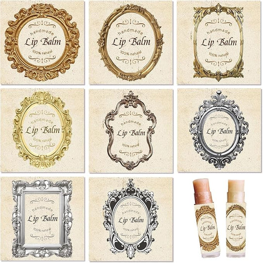 CRASPIRE 80Pcs 8 Styles Lip Balm Sticker Retro Photo Frame Self-Adhesive Homemade Lip Balm Labels Vintage Square DIY Label Stickers for Lip Balm Containers Cosmetics Lipsticks