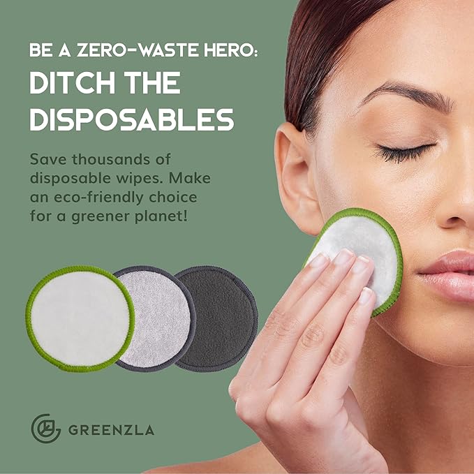 Greenzla Reusable Makeup Remover Pads, Washable Bamboo Cotton Rounds with Mesh Laundry Bag, Travel Pouch, Pad Holder - Reusable Cotton Rounds for All Skin Types - Perfect for Face Care, 30 Pack