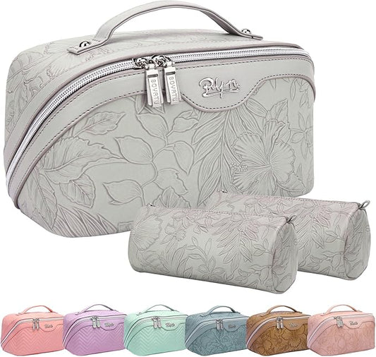BOYATU Travel Makeup Bags Cosmetic Organizer Bag: 3-Set Large Capacity Make up Bag - PU Leather Toiletry Bags for Women - Wide Open Portable Pouch with Divider & Handle (03-Light Gray)