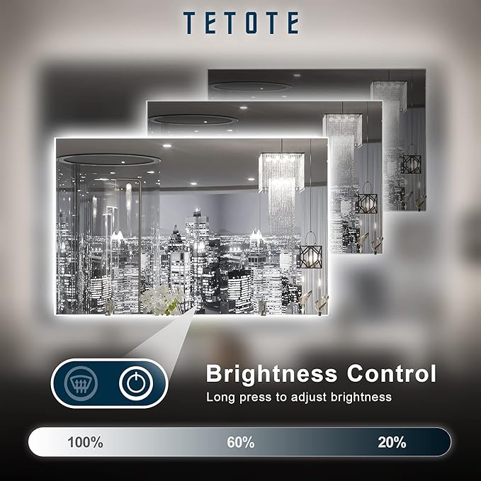 TETOTE 48 x 30 Inch LED Mirror Backlit Bathroom,Anti-Fog Mirror with Light,Dimmable,CRI90+,IP54 Water Proof,Wall Mounted Vanity Lighted Mirror,Horizontal/Vertical
