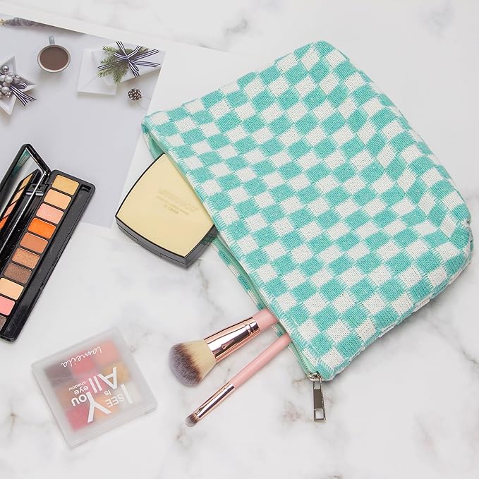PAZIMIIK Knitted Checkered Makeup Bag Large Zipper Make Up Accessory Pouch for Purse Cosmetic Brush Bag for Travel Essential Arctic Blue